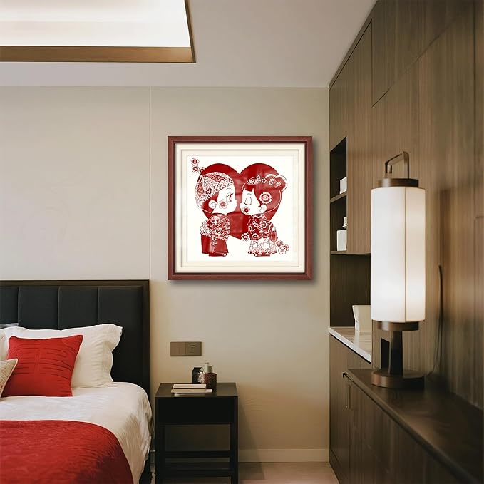 crmotu Chinoiserie Wall Art, Chinese Wedding Paper-Cutting Framed Wall Decor, Romantic Couple Wall Decor, Unique Folk Handmade Gift for Newlyweds Engagement Anniversary 26x26 Inch