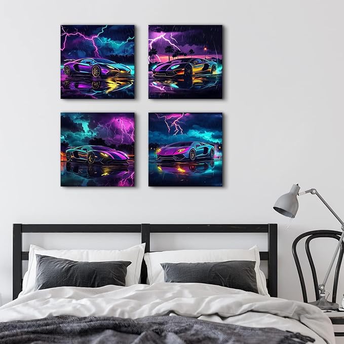 Lamborghini Car Posters Fashion Lightning Landscape Vehicle Pictures Boys Room Decor Modern Black and White City Street Racing Vehicle Prints Painting Guys Dorm Garage Office Home Decoration 16x16" 4P