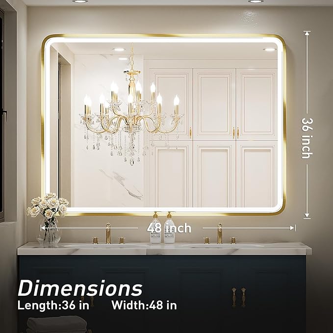 48X36 Inch LED Bathroom Mirror,Wall Mounted Lighted Vanity Mirrors with Non-Rusting Gold Metal Frame Anti-Fog Memory Funtion Stepless Dimmable(Horizontal/Vertical)