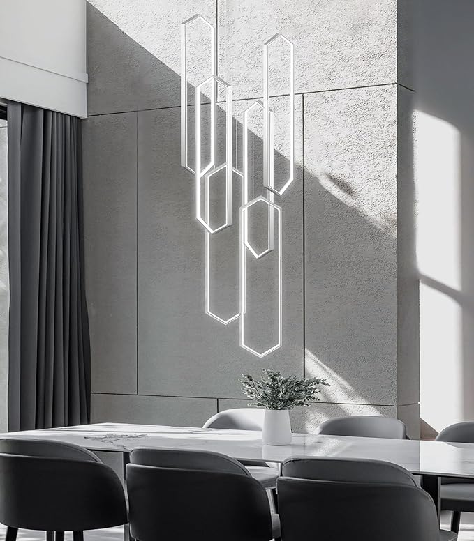 6 Rings Modern Chandelier LED Dimmable Pendant Lighting Adjust Flush Mount Ceiling Light for Foyer Lobby Living Room Staircaes Sliver 78.7''