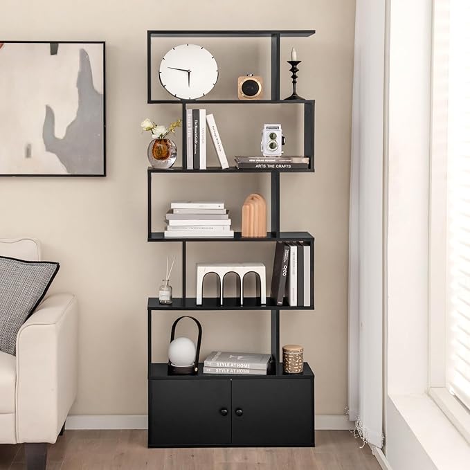 6-Tier Geometric Bookcase, 72” Freestanding Room Divider Bookshelf with Open Display Shelves & Multi-use Storage Cabinet, Wood S-Shaped Storage Organizer for Living Room, Bedroom & Home Office