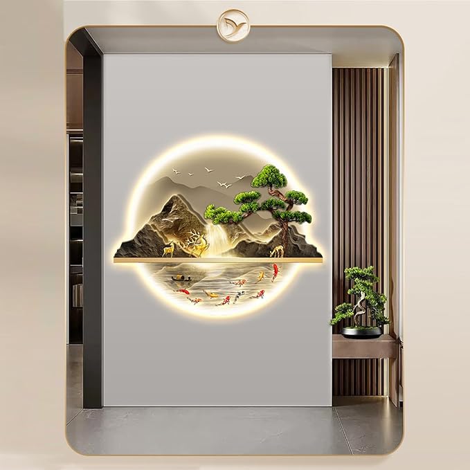 Wall Art Decor, 3D Wall Sculptures Painting Hanging Wall Art With Led Light, Decorative Wall Mounted Lamp, Oriental Decor Traditional Chinese Wall Hanging Painting,Home Entrance corridor, 84*70cm