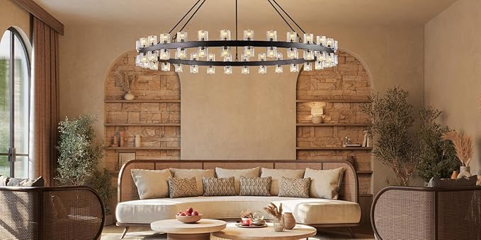 60 Inch Black Wagon Wheel Chandelier with Crystal Shade, 60 Lights, Modern Farmhouse Style, Ideal for Dining Room, Kitchen, Entryways