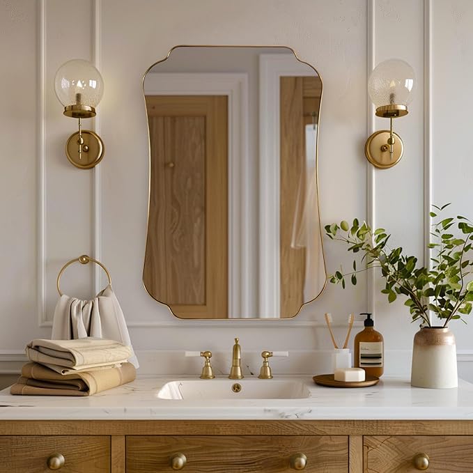 ANDY STAR 30x40 Inch Brushed Gold Bathroom Mirror, Luxury Brass Scalloped Wall Mirror with Stainless Steel Frame, Decorative Wave-Edge Vanity Mirror for Living Room, Entryway, Bedroom