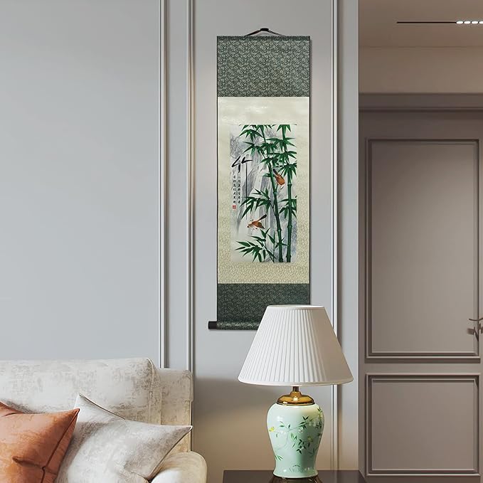 AtfArt Asian Wall Decor Beautiful Silk Scroll Painting 4 Righteous Men Flowers - Plum Orchid Bamboo Chrysanthemum Oriental Decor Chinese Art Wall Scroll Hanging Painting Scroll (Bamboo)