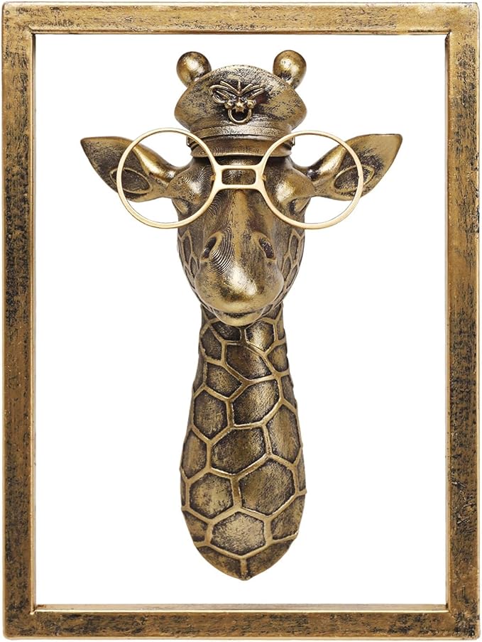 JJALIGHTS Animal Heads Wall Decor Resin Animals Sculptures Head Wall Hanging Decoration Imitation Copper vintage Wall Sculpture for Living Room Bedroom Office(Giraffe,Includes Metal Frame)