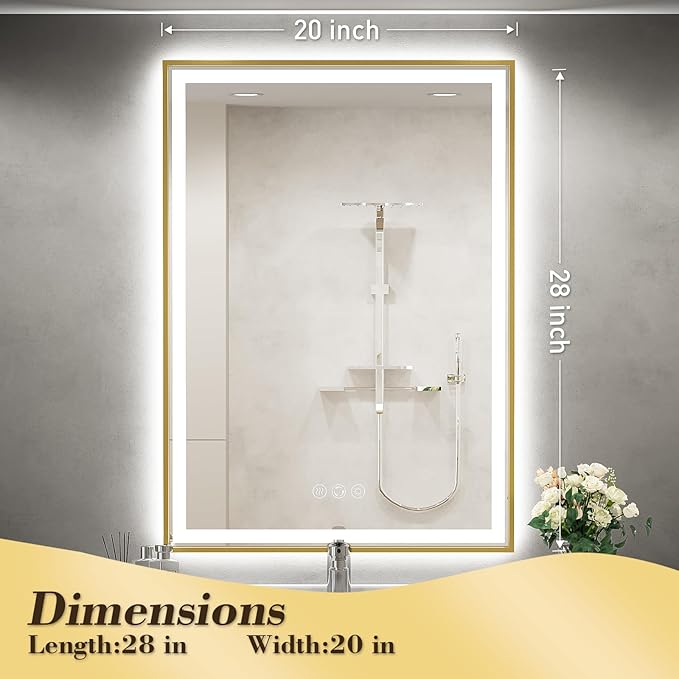 LED Bathroom Mirror, 20x28 Inch Frontlit & Backlit Gold Framed Lighted Mirror,Wall Mouted Vanity with Lights,Double Lights Strips,Anti Fog Stepless Dimmable White/Warm/Natural