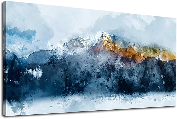 arteWOODS Mountain Canvas Wall Art Indigo Abstract Mountain Painting Prints Blue Clouds Orange Mountain Peaks Pictures Artwork for Living Room Bedroom Gallery Wall Decor Ready to Hang 24" X 48"