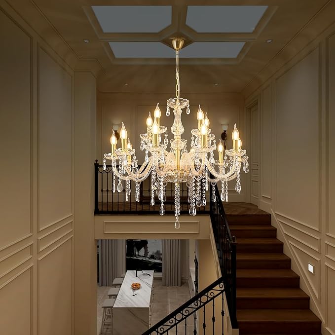 MALOSA Luxury Gold Large Crystal Chandelier for Living Room,Dining Room,Bedroom,Hallway 15 Lights 30.7"