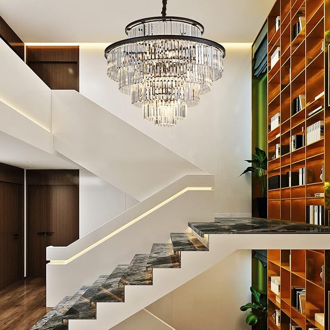 35" 24-Light Modern Crystal Chandelier Light Fixture Large 6-Tier Black Luxury Chandeliers for Dining Room Round Hanging Pendant Lighting for Living Room Kitchen Entryway Bedroom Foyer Lobby