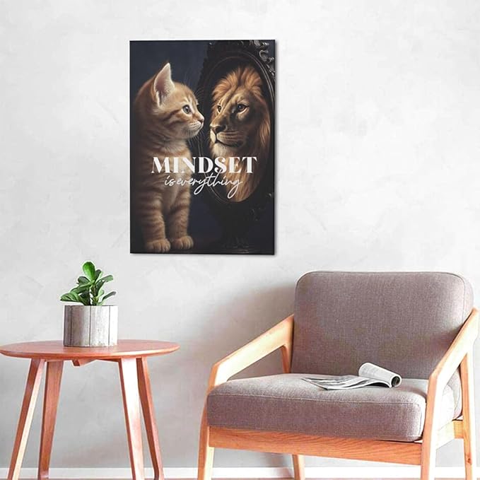 Motivational Lion And Cat Wall Art For Kids Mindset Is Everything Nursery Canvas Wall Decor Inspirational Pictures Paintings Prints Artwork Framed Decorations For Children's Room Bathroom Bedroom Living Room Office Gifts 16" x 24"