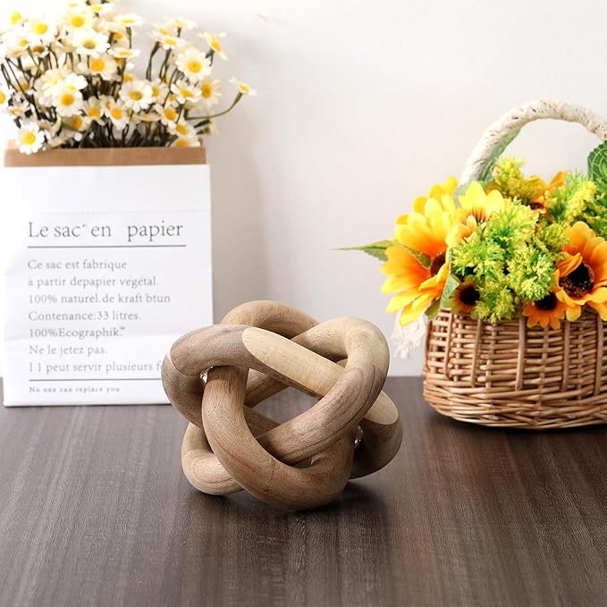 3 Link Wood Knot Decor - Hand Carved Coffee Table Decoration, Boho Chain Link Decor, Modern Shelf, Rustic Objects for Home Living Room Bedroom (Acacia Wood)