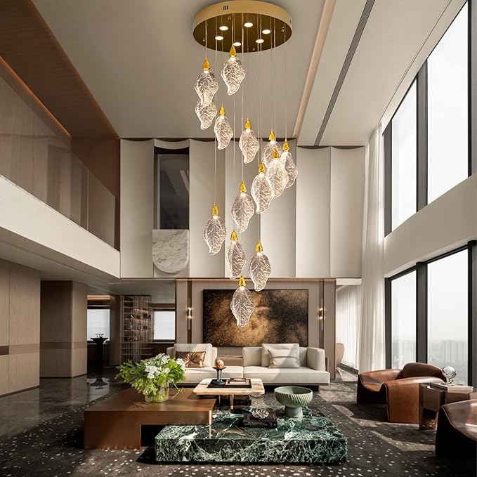 Modern Staircase Chandelier, 20-Lights LED Large Chandeliers for High Ceilings,H78 Long Staircase Lights, Platinum Leaf Foyer High Cailings Lights,Unique Light Fixture for Foyer Entryway