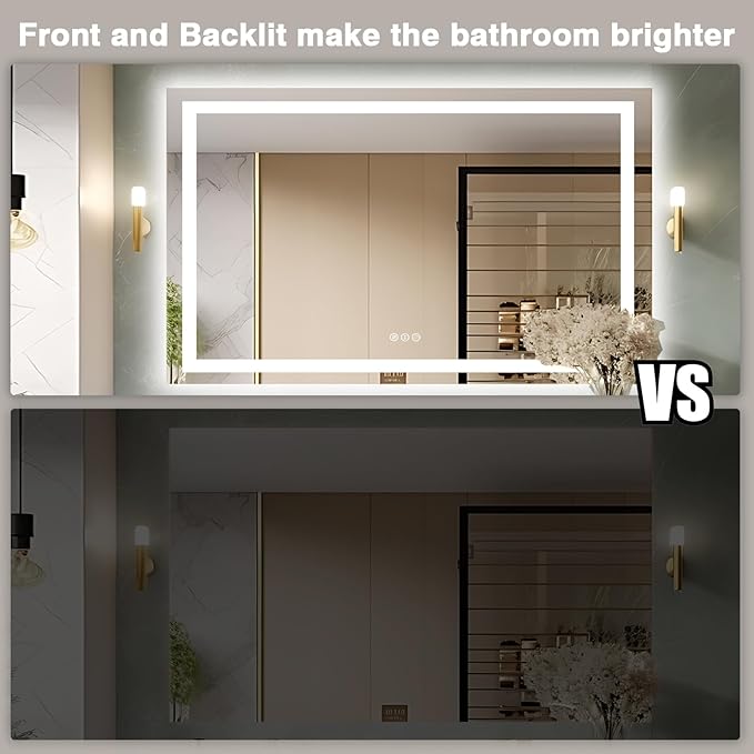 57"x36" Light Mirror for Bathroom (Front and Backlit), Anti-Fog Bathroom Vanity Mirror, Stepless Dimmable Lighted Mirror, Tempered Glass, Memory (Horizontal/Vertical)