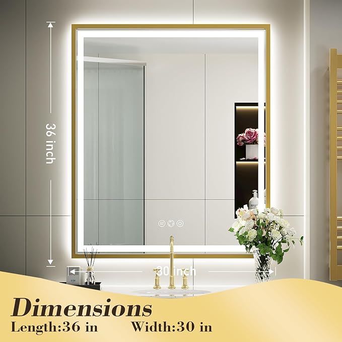 30X36 Inch Gold Frame Led Mirror,Backlit and Front Bathroom Mirror with Lights,Wall Mounted Double LED Dimmable Lighted Anti-Fog Vanity Mirror,Stepless 3 Colors Temperature 3000K-6000K