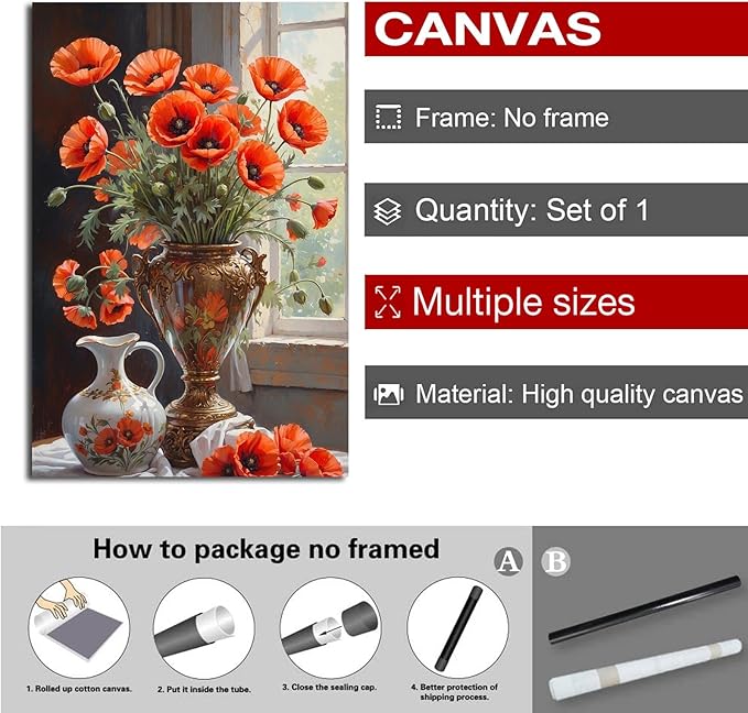Vibrant orange poppy flowers canvas painting Gold vase White ceramic jug Intricate floral pattern Sunlit window Peeling paint Realistic brushstrokes Rich color palette Botanical wall art decor