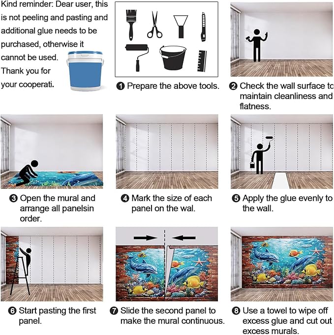 Ocean World Mural Wallpaper, Cartoon Dolphin Murals, Coral Starfish Poster Murals Wallpaper for Living Room Bedroom Home Decor Mural - 78.7" W x 55.5" H (Not Peel Stick)