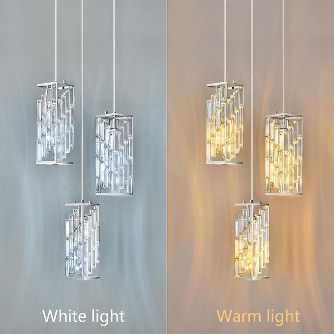Chrome Pendant Lighting Modern Pendant Light, Mini Crystal Chandeliers,Adjustable Pendant Light Fixture for Kitchen Island Dinning Room Bedroom (3 Light)