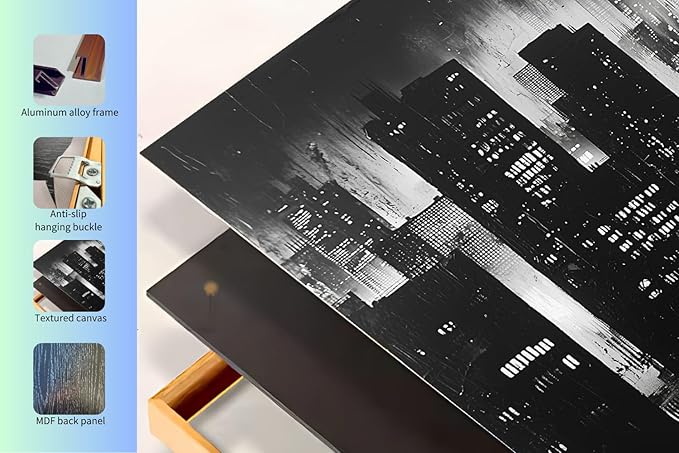 Abstract Cityscape Wall Art, Modern Urban Night Skyline Canvas Painting, Contemporary Expressionist City Decor (Gold, 17" W x 23" L / 45x60cm, Framed)