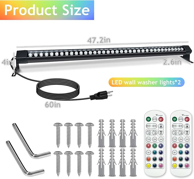 72W Outdoor Wall Washer Light, 48'' Dimmable Color Change RGB LED Wall Washer Light Bar,120V IP67 Waterproof LED Stage Light for Patio Church Landscape Yard Garden 2 Pack