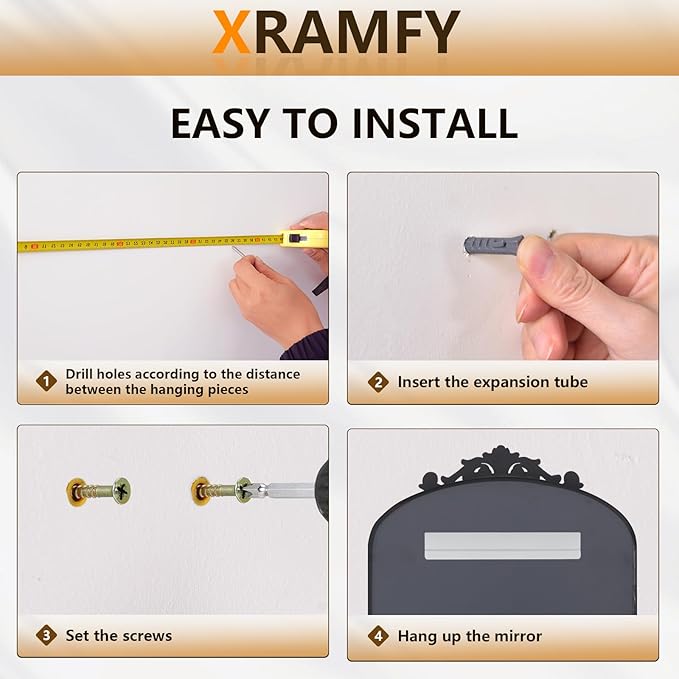 36"x 28" Arched Bathroom Mirror, Wall-Mounted Mirror with Carved Metal Frame & Bottom Art Carved, Vanity Mirror for Home Decor, Hanging Wall Mirror with Baroque Ornate Carved Accents, Vintage Black