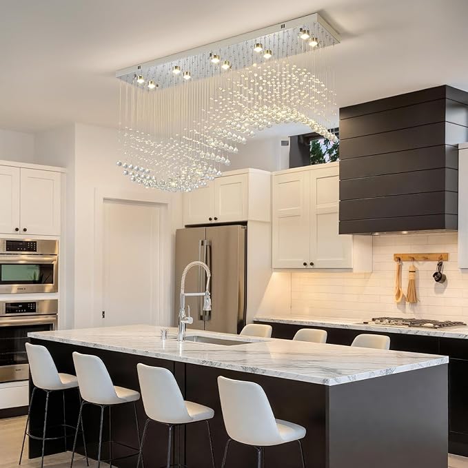 Modern Rectangle Crystal Raindrop Chandelier: 47" Long Chrome Dimmable Led High Ceiling Chandeliers with Remote - Silver Wave Raindrop Flush Mount Ceiling Light Fixture for Dining Living Room Kitchen