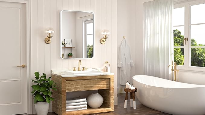 Keonjinn White Bathroom Mirror for Over Sink, 24 x 32 Inch Metal Framed Bathroom Vanity Mirrors for Wall, Rounded Corner Rectangle Farmhouse Mirror, Anti-Rust, HD Tempered Glass(Horizontal/Vertical)