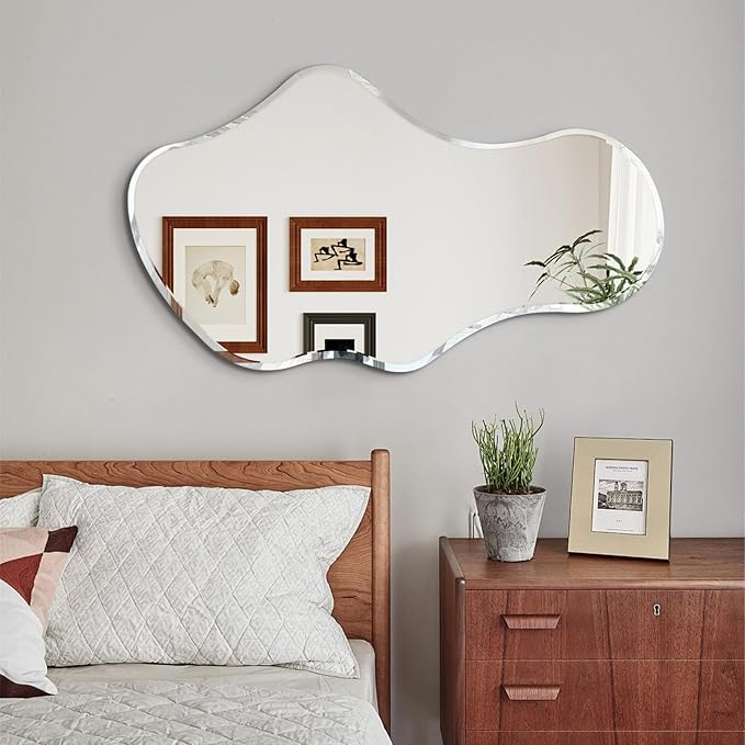 36 x 24 Inch Asymmetrical Cloud Mirror, Modern Irregular Wavy Wall Mirror, Beveled Edge Frameless Mirror for Living Room, Bathroom, Bedroom, Entryway