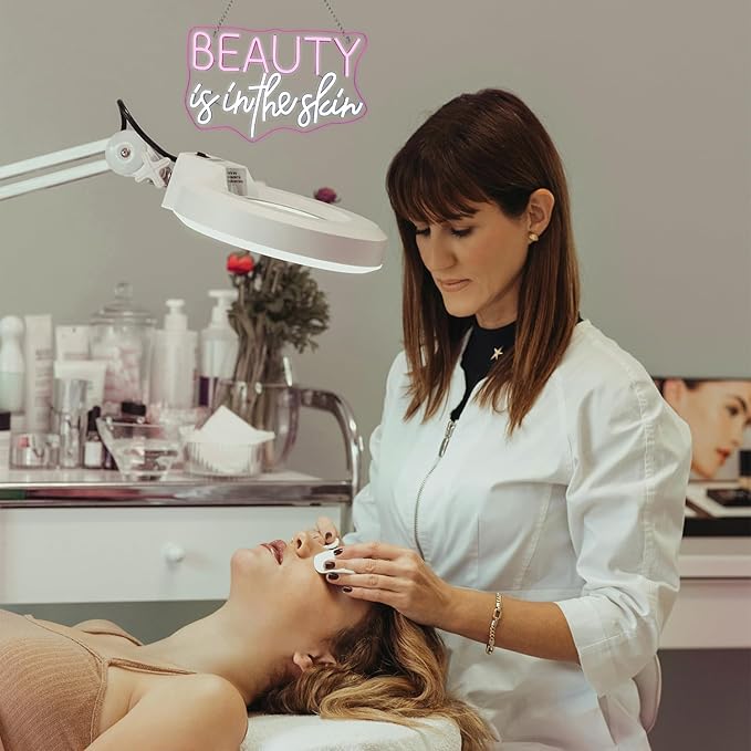 Lucunstar Beauty Is In The Skin Neon Sign,LED Neon pink cool white letters for facial spa wall neon for girl's room wall decoration beauty salon sign skincare salon beauty shop decoration