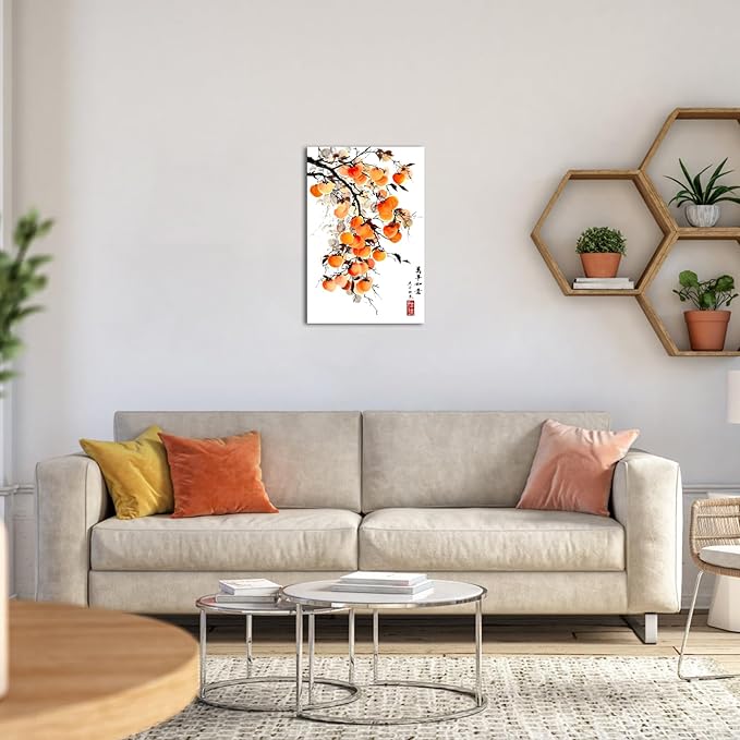 Canvbay Asian Wall Art Traditional Chinese Ink Style with 'May everything go as you wish' Quote Canvas Prints Persimmon on Branch Painting Pictures Oriental Poster Framed for Home Decor 16x24inch