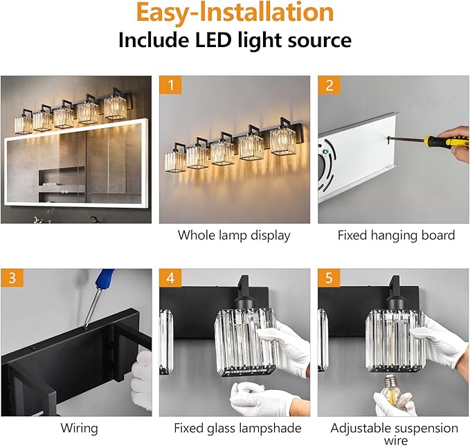 Black Bathroom Light Fixture, 5-Light Crystal Vanity Lighting, Bathroom Lighting Fixtures Over Mirror, Modern Crystal Wall Lamp