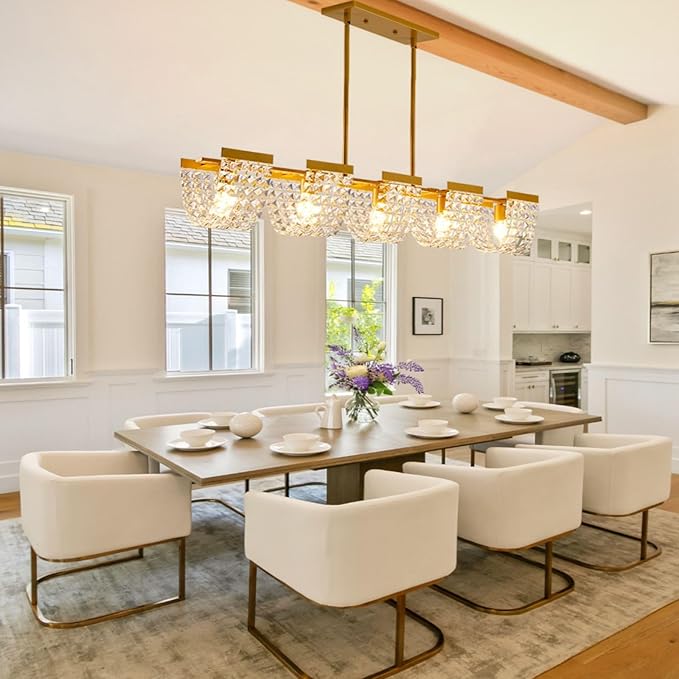 36" Gold Chandelier, 5-Light Crystal Chandeliers for Dining Room, Modern Dining Room Light Fixture, Farmhouse Kitchen Island Lighting, Vintage Hanging Pendant Lights, Dining Chandelier Over Table