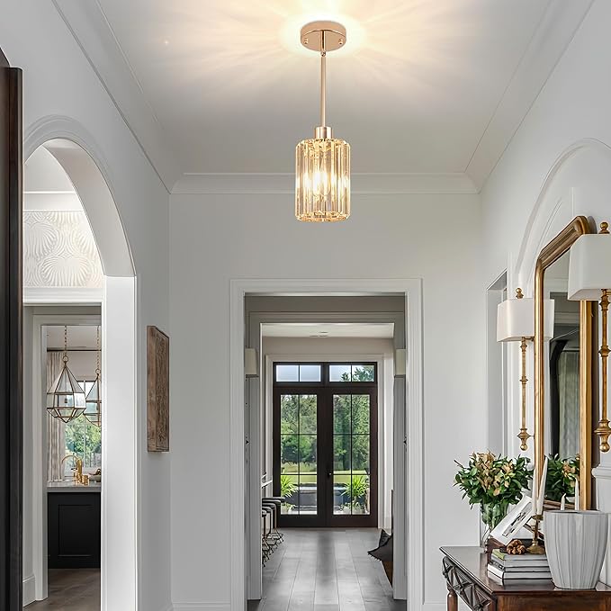 Modern Mini Crystal Pendant Lights Chandeliers Adjustable Sloped LED Hanging Ceiling Fixture Glass small Crystals for Kitchen Island Bathroom Dining Room Living Room, Hallway, Bar 1PC (Gold)