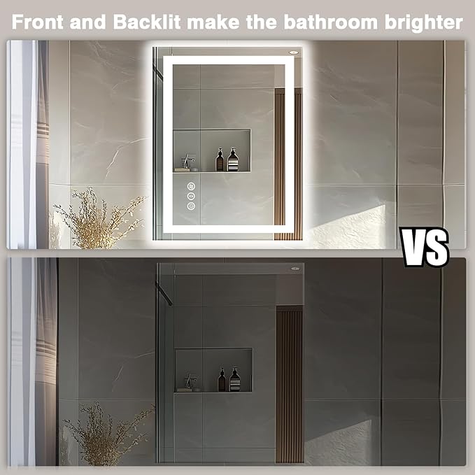 24"x32" LED Bathroom Mirror - Front & Backlit, Anti-Fog Vanity Mirror with Dimmable Lights, 3 Colors Smart Mirror (Horizontal/Vertical)