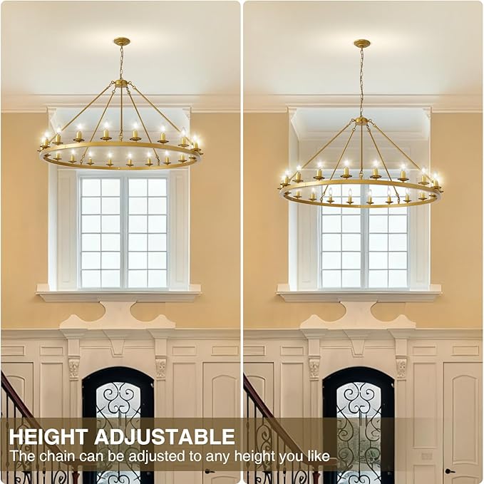 48" Gold Wagon Wheel Chandelier, 20 Light Farmhouse Large Brass Chandelier Round Modern Rustic Industrial Adjustable Height for High Ceiling Living Room, Entryways, Foyer, Dining Room