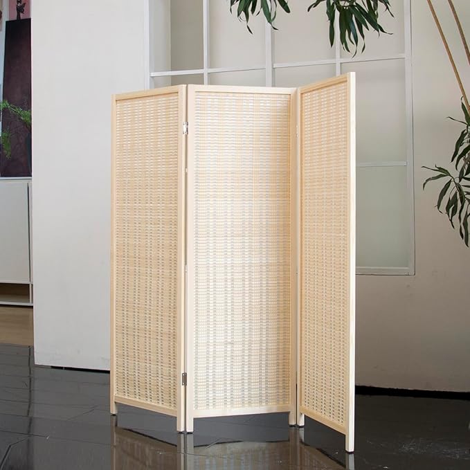 3 Panel Short Room Divider Folding Screen,47 inch Bamboo Panel Divider for Home Partition,Beige
