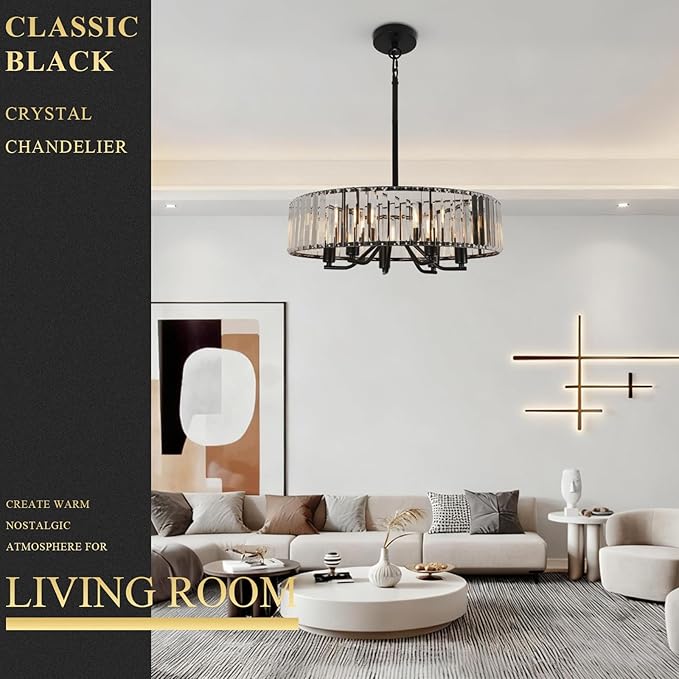 Black Crystal Chandelier for Dining Room, 6-Light Modern Semi Flush Mount Chandelier Lighting Fixtures,Round Kitchen Hanging Drum Pendant Lights Ceiling for Bedroom Entryway Foyer, E12 Base, 19.7Inch