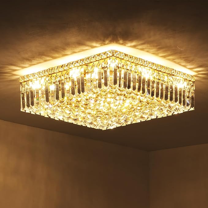 12-Lights Gold Crystal Flush Mount Ceiling Light Fixtures,Elegant Crystal Chandelier Pendant Ceiling Lamp for Bedroom,Living Room,Dining Room,Hallway H5.9 x W20 x L20 (Bulb Not Included) Square