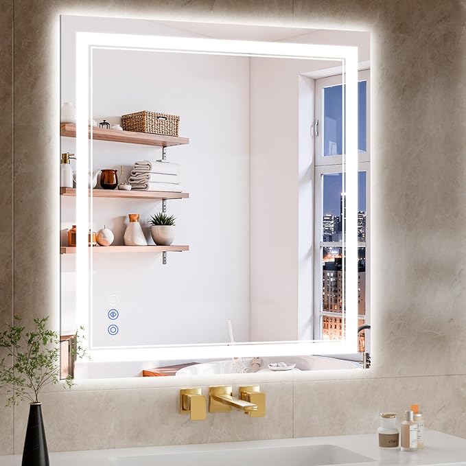 30"x32" LED Bathroom Mirror with Lights, Anti-Fog, Backlit + Front Lit, Dimmable, Led Vanity Mirror for Wall, Lighted Bathroom Mirror, 3 Colors, Shatter-Proof Tempered Glass