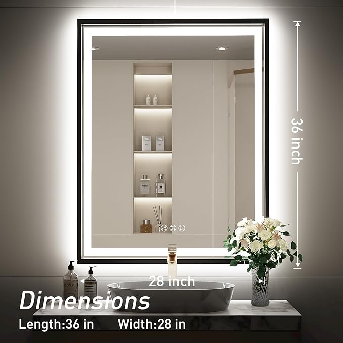 28X36 Inch Framed LED Lighted Bathroom Mirror,Backlit and Front Wall Mounted Black Metal Vanity Mirrors with Lights,Double LED Dimmable Illuminated & 3 Colors Temperature Anti-Fog Mirror