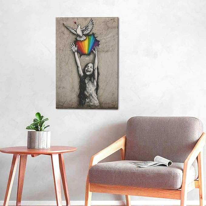 Banksy Street Graffiti Wall Art Rainbow Canvas Wall Decor Love And Peace Pictures Paintings Prints Artwork Framed Modern Decorations For Bedroom Bathroom Office Living Room Gifts 16" x 24"
