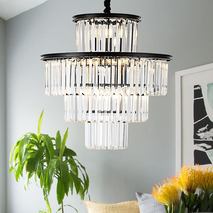 23" 14-Light Modern Crystal Chandelier Light Fixtures 4-Tier Black Luxury Chandeliers for Dining Room Round Hanging Pendant Lighting for Living Room Kitchen Entryway Bedroom Foyer Hallway