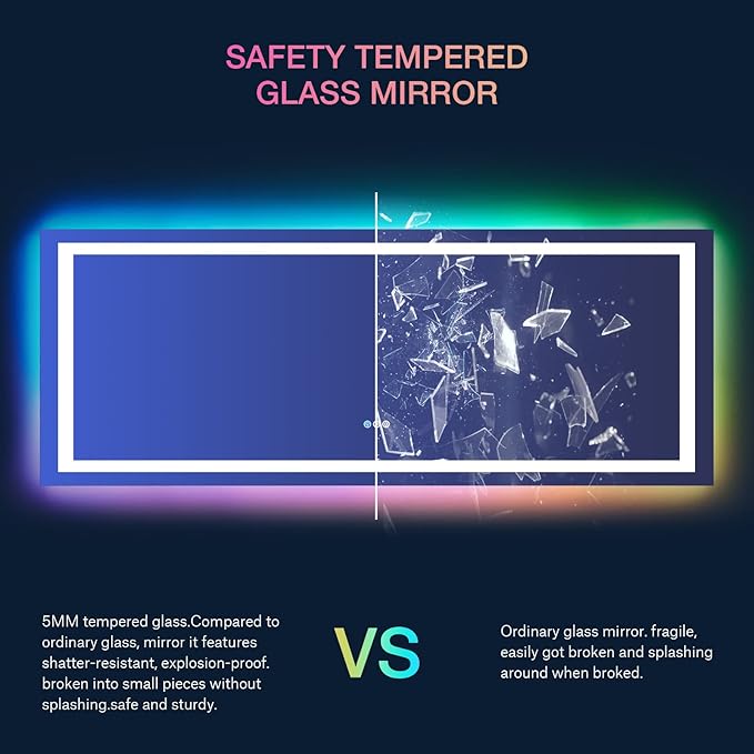 LOAAO 84X32 Inch RGB LED Bathroom Mirror with Lights, Anti-Fog, Dimmable Lighted Bathroom Vanity Mirror, Colorful Multiple Light Modes, RGB Backlit + Front Light, Memory Function, Tempered Glass