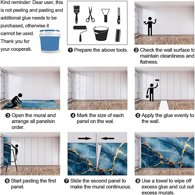 Blue Gold Marble Mural Wallpaper, Modern Fashion Marble Murals, Abstract 3D Texture Murals, Large Wallpaper for Living Room Bedroom Kids Room Home Decor Mural (Not Peel Stick)