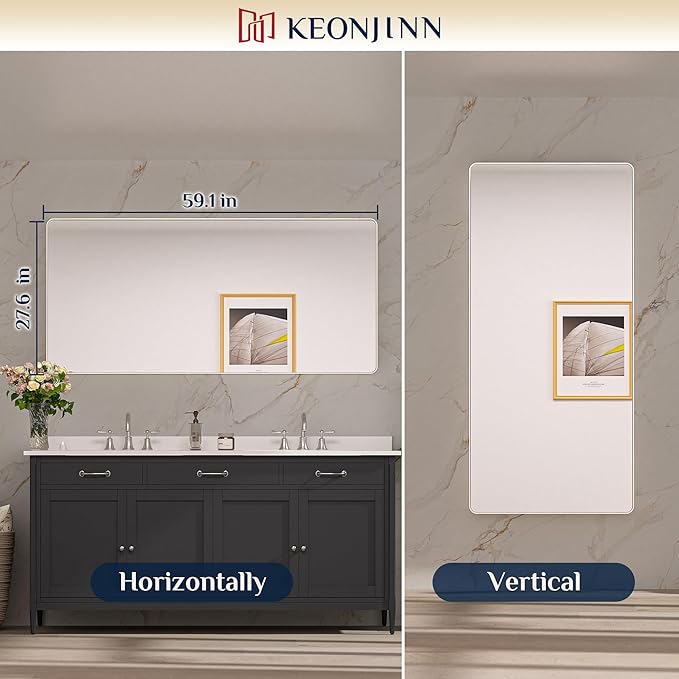 Keonjinn 60 x 28 Inch Brushed Nickel Bathroom Mirrors for Over Sink, Rounded Rectangle Silver Bathroom Vanity Mirror, Farmhouse Mirror for Wall, HD Tempered Glass, Anti-Rust Aluminum Alloy Mirror