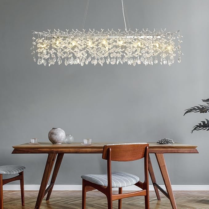 60" Modern Crystal Chandelier, 16-Light Silver Tree Branch Chandelier for Dining Room, Luxury Rectangular Raindrop Chandeliers for Kitchen Island, Living Room, Foyer, Contemporary K9 Light Fixture