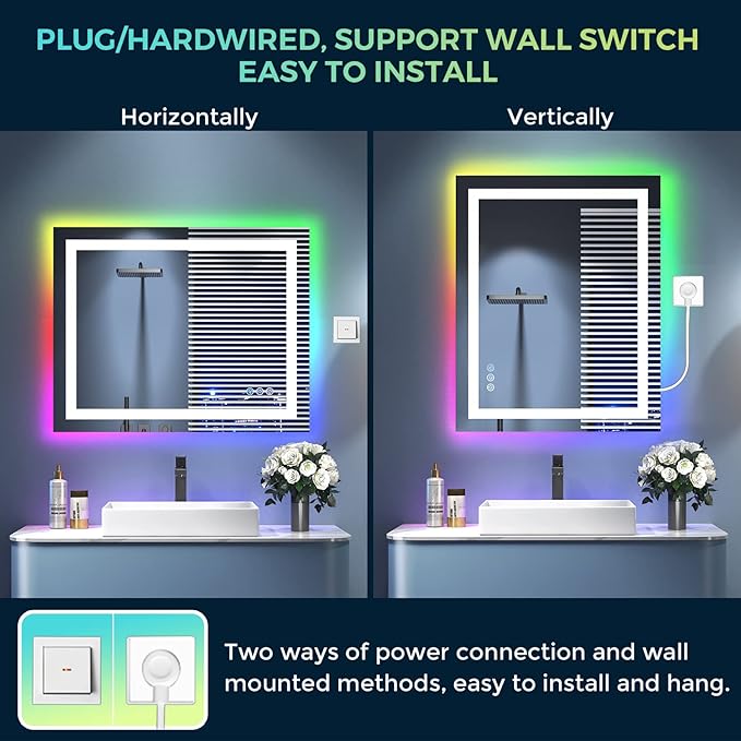 36x28 Inch RGB LED Bathroom Mirror Front Light and RGB Backlit Lighted Vanity Mirror for Bathroom Wall Mounted Dimmable Anti Fog Memory Shatter-Proof IP54 Waterproof Horizontal/Vertical