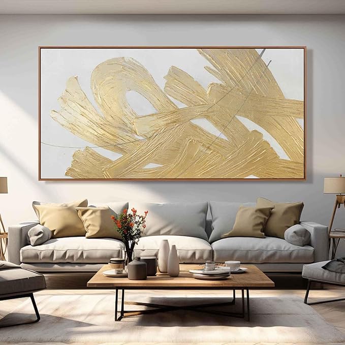 Large Gold Wall Art Abstract Canvas Wall Decor Framed Arts Pictures Modern Artwork Hand Drawn Paintings 36"x70"