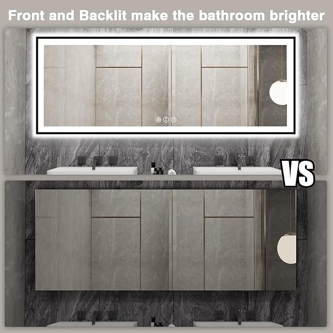 Large LED Bathroom Mirror - Black Aluminum Framed, Anti-Fog, Stepless Dimmable, 3 Colors Smart Mirror (Horizontal/Vertical)