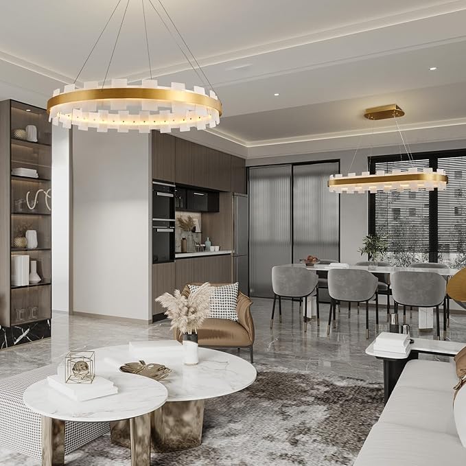 Modern Alabaster Linear Chandelier 31.5 Inch, Round Adjustable Large Ceiling Light for Living Room Over Table, Dining Room, with Warm White Glow